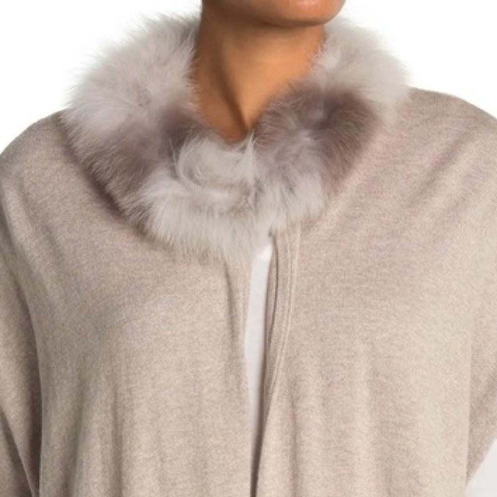 NEW Love Token Women Genuine Fox Fur Trim Cardigan Vest Knit Pocket Oatmeal - Picture 2 of 4